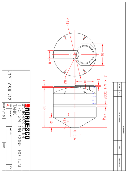 175 Gallon 30 Degree Cone Bottom Tank with Poly Stand