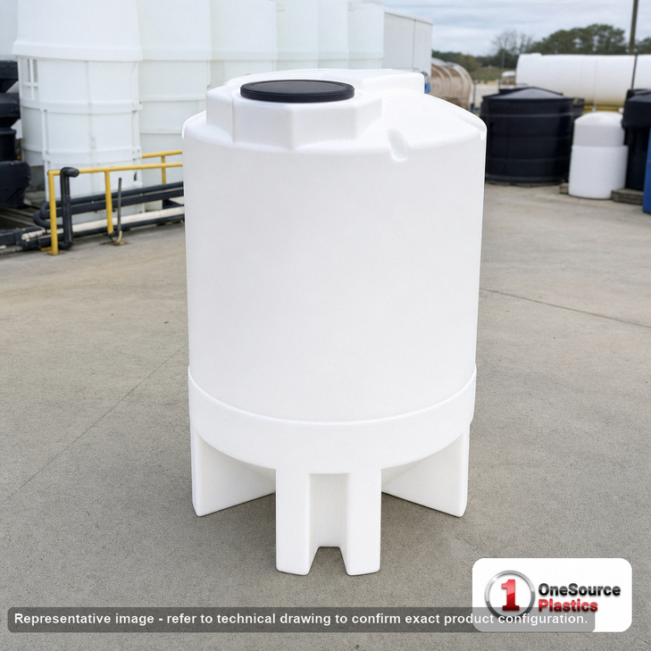500 Gallon 30 Degree Cone Bottom Tank with Poly Stand. 500 gallon capacity; Polyethylene; White; 87" H x 49" W x 49" L