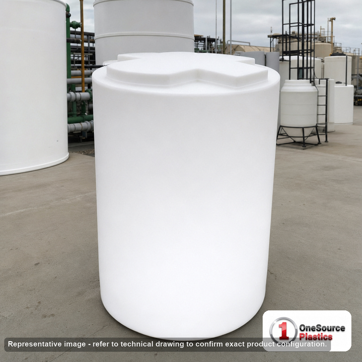 500 Gallon 45 Degree Cone Bottom Tank. 500 gallon capacity; Polyethylene; White; dimensions 82.0in H x 52.0in W x 52.0in L; 125.0 lb empty; 1.5 specific gravity rating; fittings: 2"; max temp 120 deg  F / 48 deg  C; 3 Year Warranty. Manufacturer part number 41489. Sold by OneSource Plastics (https://www.onesourceplastics.com).