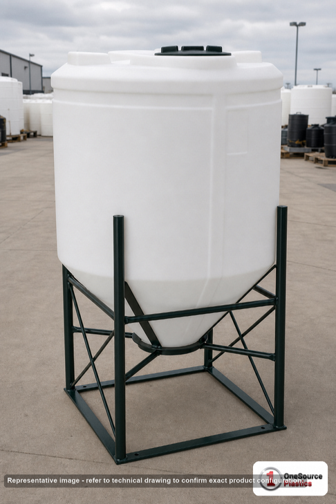 500 Gallon 30 Degree Cone Bottom Tank. 500.0 gallon capacity; Polyethylene; White; dimensions 85.0in H x 48.0in W x 48.0in L; 159.0 lb empty; 1.5 specific gravity rating; fittings: 2"; max temp 120 deg  F / 48 deg  C; 3 Year Warranty. Manufacturer part number 43850. Manufactured by Norwesco. Sold by OneSource Plastics (https://www.onesourceplastics.com).