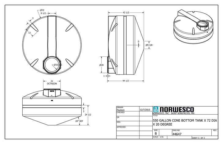 550 Gallon 20 Degree Cone Bottom Tank