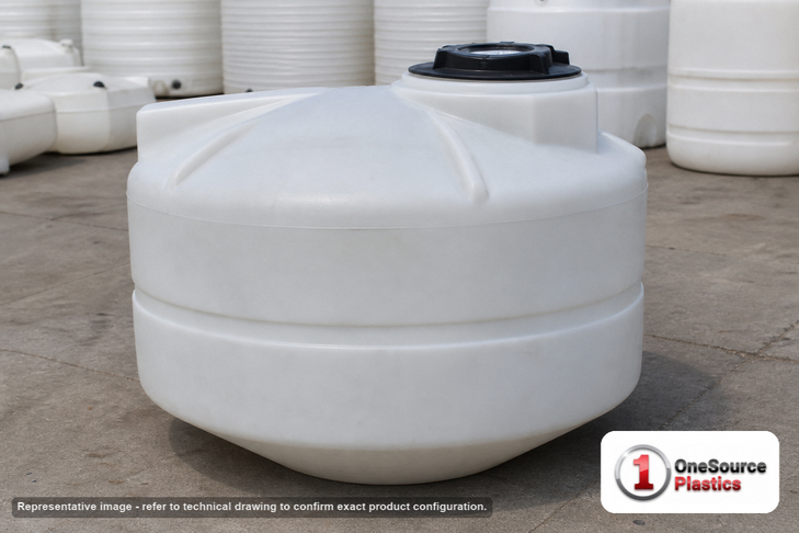 550 Gallon 20 Degree Cone Bottom Tank. 550 gallon capacity; Polyethylene; White; dimensions 47.0in H x 72.0in W x 72.0in L; 129.0 lb empty; 1.5 specific gravity rating; fittings: 2"; max temp 120 deg  F / 48 deg  C; 3 Year Warranty. Manufacturer part number 44647. Manufactured by Norwesco. Sold by OneSource Plastics (https://www.onesourceplastics.com).