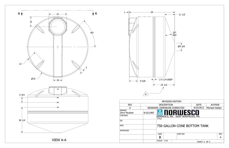 750 Gallon 20 Degree Cone Bottom Tank