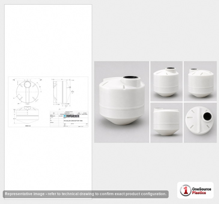 Dimensional spec drawing for Norwesco 750 Gallon Cone Bottom Tanks - Closed Top (72" L x 72" W x 56" H)