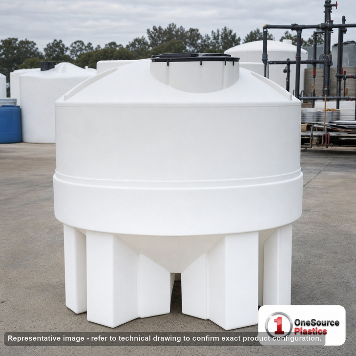 750 Gallon 20 Degree Cone Bottom Tank with Poly Stand. 750 gallon capacity; Polyethylene; White; 67" H x 73" W x 73" L