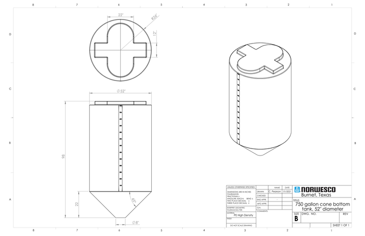 750 Gallon 45 Degree Cone Bottom Tank