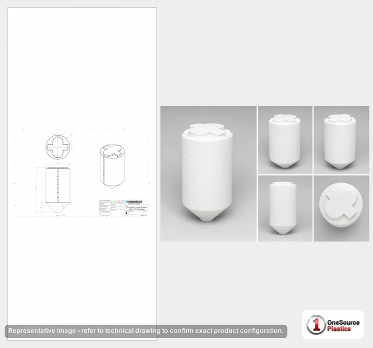 Dimensional spec drawing for Norwesco 750 Gallon Cone Bottom Tank (52" L x 52" W x 105" H)