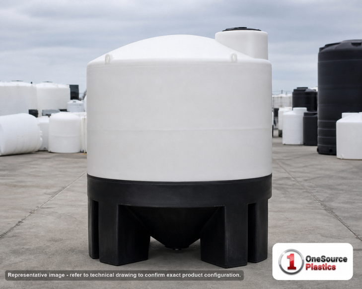 1000 Gallon 45 Degree Cone Bottom Tank. 1000 gallon capacity; Polyethylene; White; dimensions 89.0in H x 72.0in W x 72.0in L; 239.0 lb empty; 1.5 specific gravity rating; fittings: 2"; max temp 120 deg  F / 48 deg  C; 3 Year Warranty. Manufacturer part number 43852. Manufactured by Norwesco. Sold by OneSource Plastics (https://www.onesourceplastics.com).