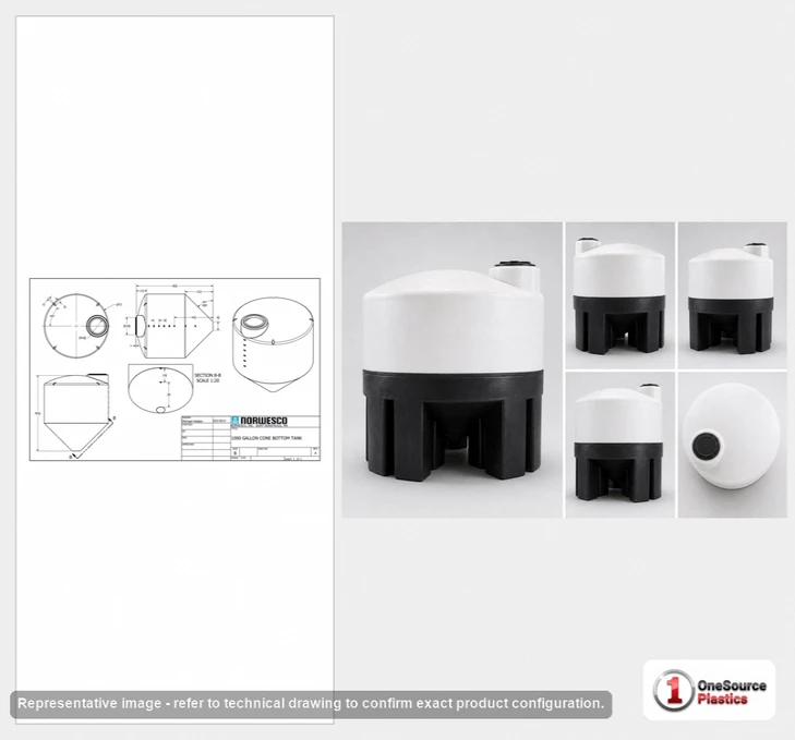 Dimensional spec drawing for Norwesco 1000 Gallon Cone Bottom Tank (72" L x 72" W x 89" H)
