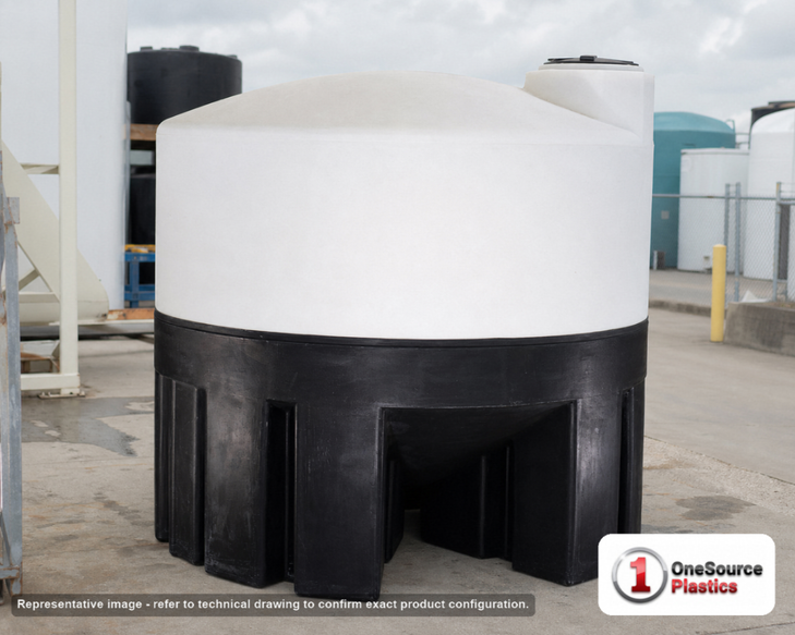 1050 Gallon 20 Degree Cone Bottom Tank. Polyethylene; White; dimensions 86.0in H x 73.0in W x 73.0in L; 204.0 lb empty; 1.5 specific gravity rating. Manufacturer part number N-40356. Sold by OneSource Plastics (https://www.onesourceplastics.com).