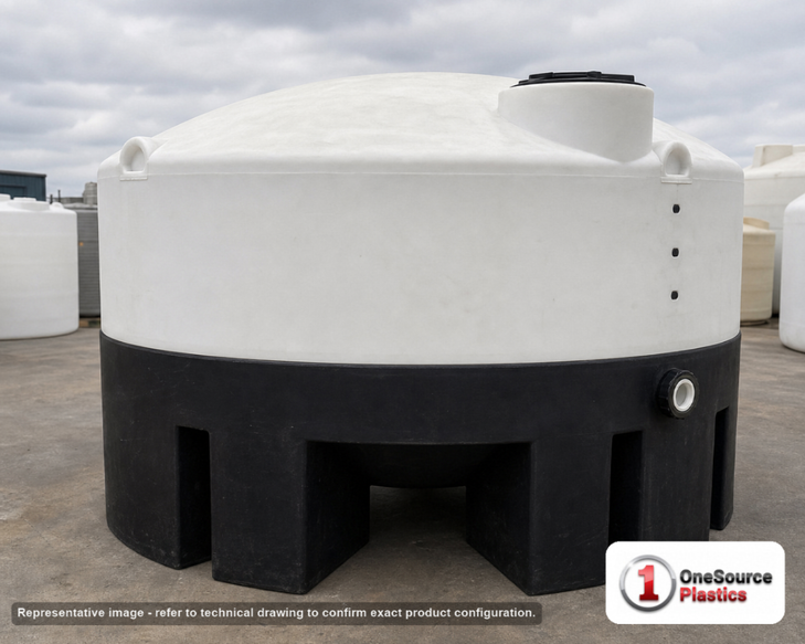 1320 Gallon 15 Degree Cone Bottom Tank. 1320 gallon capacity; Polyethylene; White; 64" H x 91" W x 91" L; fittings: 2"; max