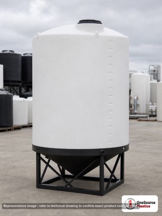 1500 Gallon 45 Degree Cone Bottom Tank. 1500 gallon capacity; Polyethylene; White; dimensions 112.0in H x 72.0in W x 72.0in L; 332.0 lb empty; 1.5 specific gravity rating; fittings: 2"; max temp 120 deg  F / 48 deg  C; 3 Year Warranty. Manufacturer part number 43854. Manufactured by Norwesco. Sold by OneSource Plastics (https://www.onesourceplastics.com).