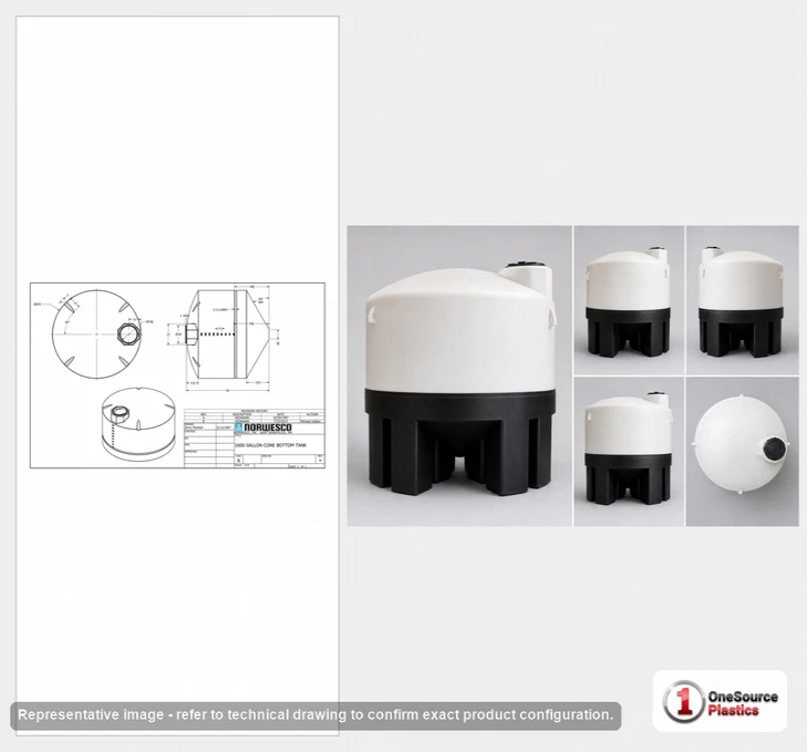 Dimensional spec drawing for Norwesco 1600 Gallon Cone Bottom Tank (88" L x 88" W x 84" H)