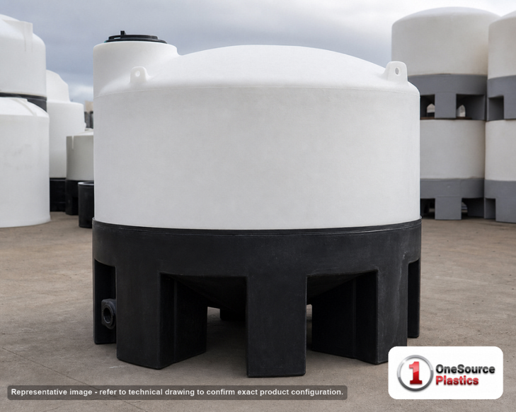 2500 Gallon 30 Degree Cone Bottom Tank. 2500 gallon capacity; Polyethylene; White; dimensions 105.0in H x 96.0in W x 96.0in L; 395.0 lb empty; 1.5 specific gravity rating; fittings: 2"; max temp 120 deg  F / 48 deg  C; 3 Year Warranty. Manufacturer part number 40066. Manufactured by Norwesco. Sold by OneSource Plastics (https://www.onesourceplastics.com).