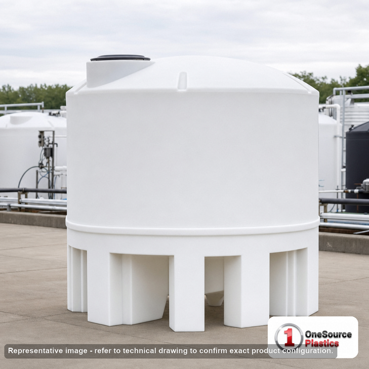 2500 Gallon 30 Degree Cone Bottom Tank with Poly Stand. 2500 gallon capacity; Polyethylene; White; 116" H x 99" W x 99" L