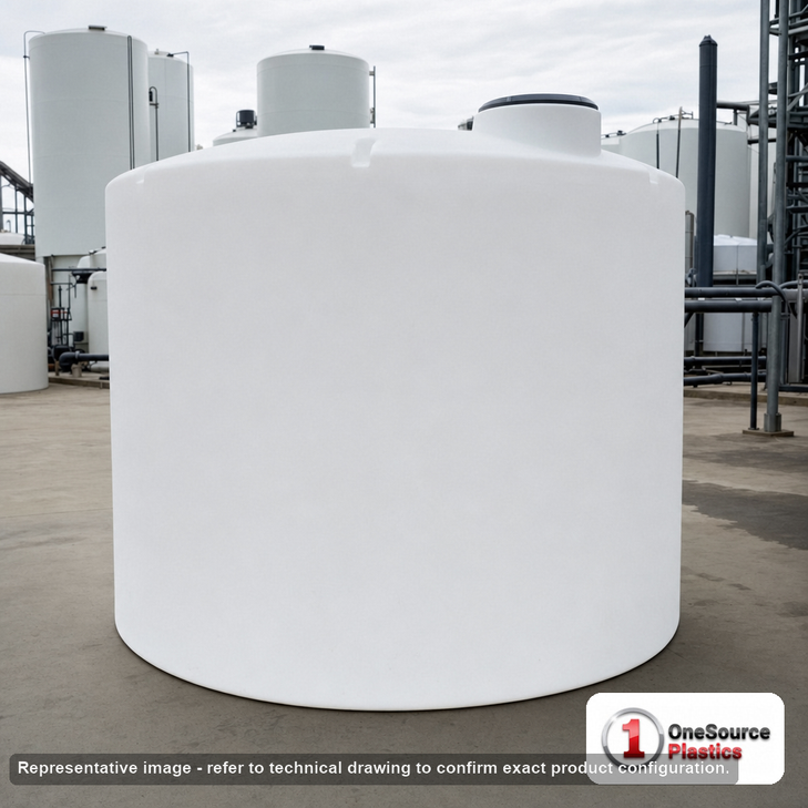 3000 Gallon 30 Degree Cone Bottom Tank - Natural White (95" x 123"). 3000 gallon capacity; Polyethylene; White; dimensions 123.0in H x 96.0in W x 96.0in L; 445.0 lb empty; 1.5 specific gravity rating; fittings: 2"; max temp 120 deg  F / 48 deg  C; 3 Year Warranty. Manufacturer part number 40170. Manufactured by Norwesco. Sold by OneSource Plastics (https://www.onesourceplastics.com).