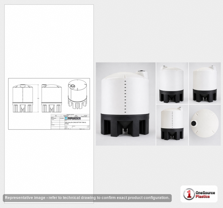 Dimensional spec drawing for Norwesco 3000 Gallon Cone Bottom Tank