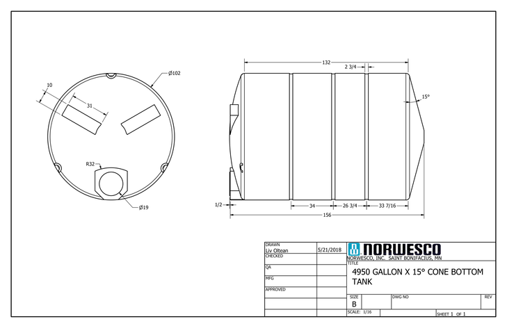 4950 Gallon 15 Degree Cone Bottom Tank