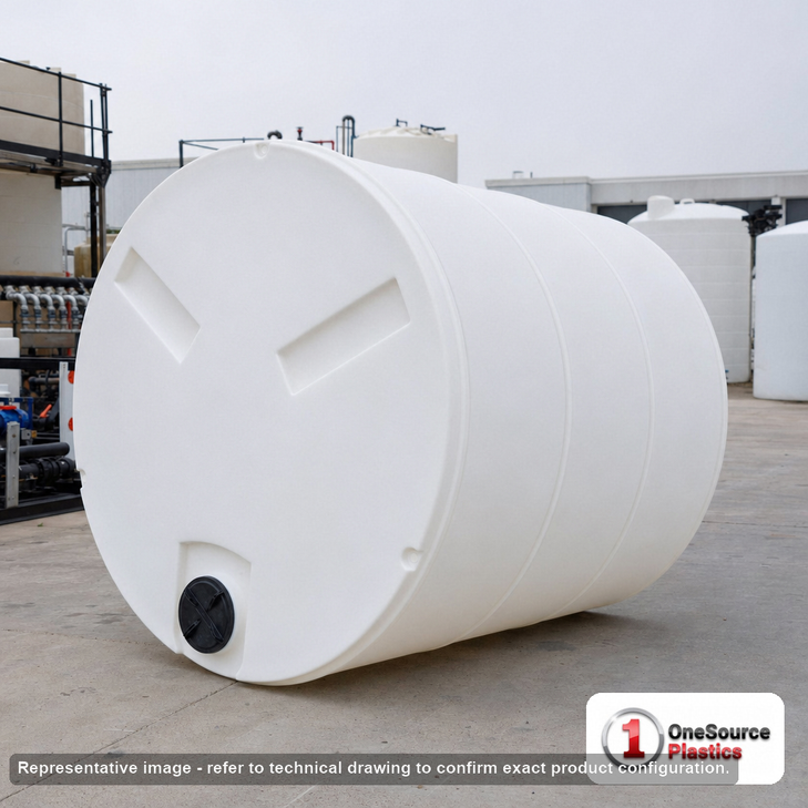 4950 Gallon 15 Degree Cone Bottom Tank. 4950 gallon capacity; Polyethylene; White; dimensions 159.0in H x 102.0in W x 102.0in L; 1331.0 lb empty; 1.5 specific gravity rating; fittings: 3"; max temp 120 deg  F / 48 deg  C; 3 Year Warranty. Manufacturer part number 45381. Manufactured by Norwesco. Sold by OneSource Plastics (https://www.onesourceplastics.com).