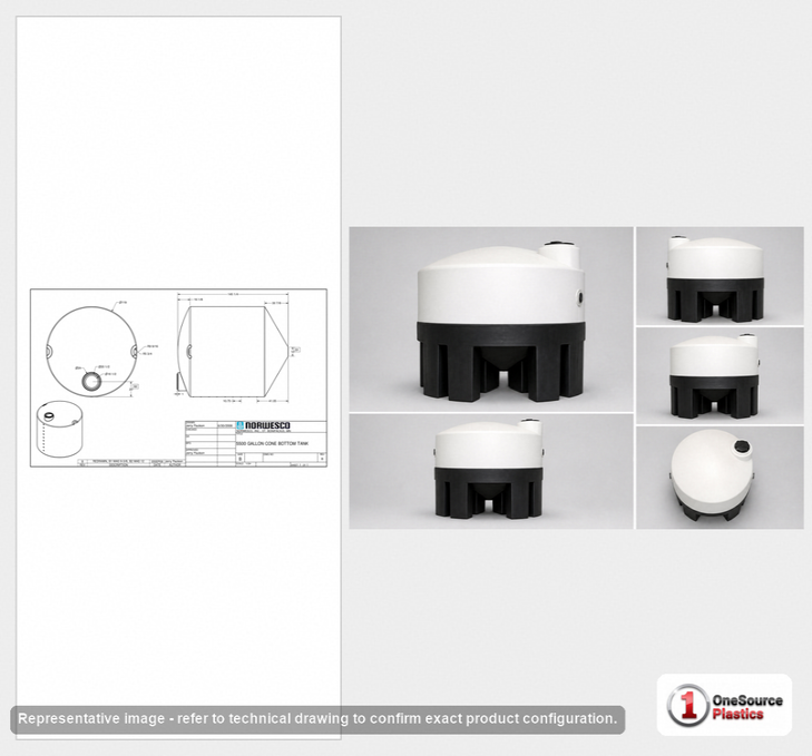 Dimensional spec drawing for Norwesco 5500 Gallon Cone Bottom Tank (119" L x 119" W x 148" H)