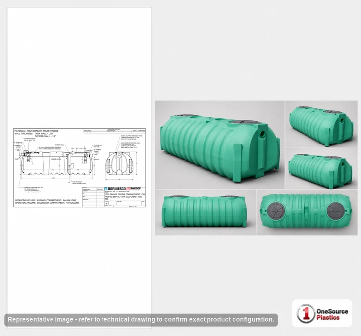 Dimensional spec drawing for Norwesco 1250 Gallon Low Profile Septic Tank (157" L x 60" W x 51" H)