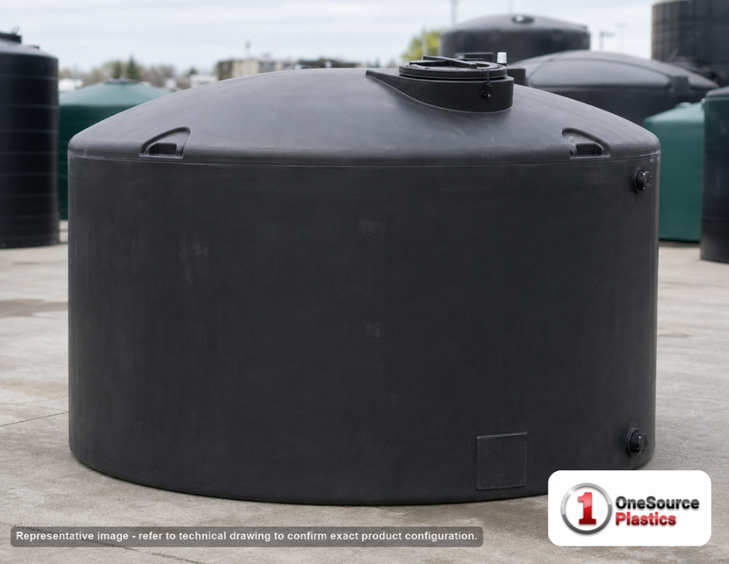 Snyder Industries 1500 Gallon Plastic Vertical Water Storage Tank in Black. 1500.0 gallon capacity; Polyethylene; Black; dimensions 70.0in H x 86.0in W x 86.0in L; 210.0 lb empty; 1.0 specific gravity rating; fittings: 2"; max temp 120 deg  F / 48 deg  C; 3 Year Warranty. Manufacturer part number wb46. Manufactured by Snyder. Sold by OneSource Plastics (https://www.onesourceplastics.com).
