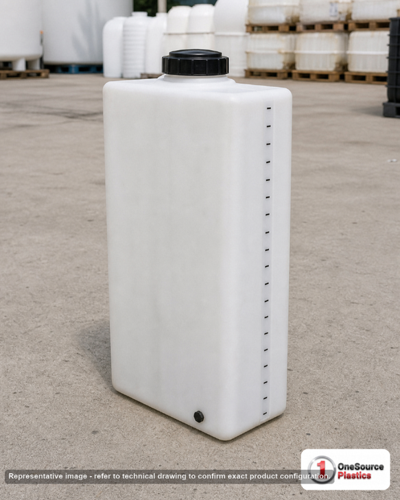 Norwesco 20 Gallon Plastic Portable Flat Bottom Utility Tank in White. 20 gallon capacity; Polyethylene; White; dimensions 34.0in H x 11.0in W x 15.0in L; 15.57 lb empty; 1.5 specific gravity rating; fittings: NO FTG; max temp 120 deg  F / 48 deg  C; 3 Year Warranty. Manufacturer part number 44854. Manufactured by Norwesco. Sold by OneSource Plastics (https://www.onesourceplastics.com).