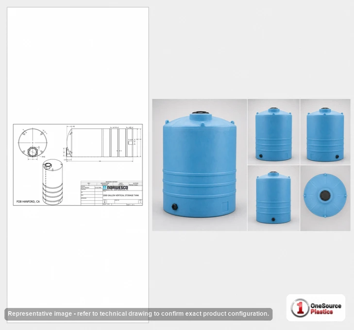 Dimensional spec drawing for Norwesco 2000 Gallon Vertical Storage Tank