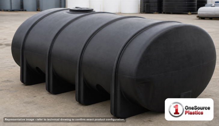Norwesco 2635 Gallon HDPE Horizontal Elliptical Leg Tank in Black. High Density Linear Polyethylene; Black; dimensions 72.0in H x 90.0in W x 140.0in L; 952.0 lb empty; 1.9 specific gravity rating. Manufacturer part number N-41294. Sold by OneSource Plastics (https://www.onesourceplastics.com).