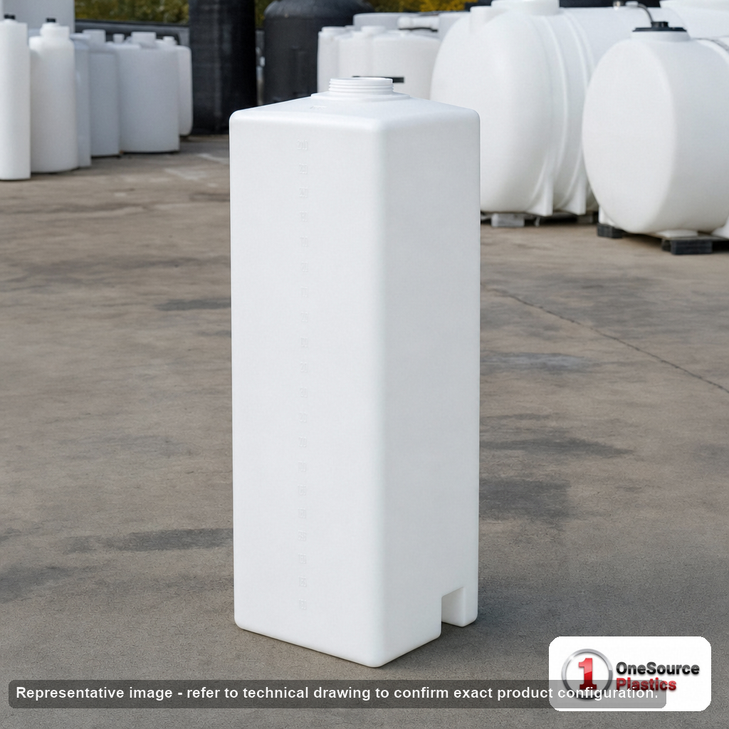 Norwesco 35 Gallon Portable Flat Bottom Utility Tank in White. 35 gallon capacity; Polyethylene; White; dimensions 43.0in H x 15.0in W x 15.0in L; 20.0 lb empty; 1.5 specific gravity rating; fittings: 1; max temp 120 deg  F / 48 deg  C; 3 Year Warranty. Manufacturer part number 44873. Manufactured by Norwesco. Sold by OneSource Plastics (https://www.onesourceplastics.com).