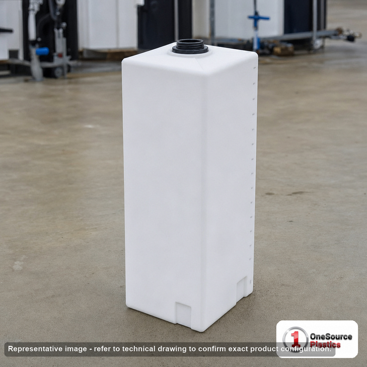 Norwesco 55 Gallon Portable Flat Bottom Utility Tank in White. 55 gallon capacity; Polyethylene; White; dimensions 44.0in H x 18.0in W x 18.0in L; 31.0 lb empty; 1.5 specific gravity rating; fittings: 1; max temp 120 deg  F / 48 deg  C; 3 Year Warranty. Manufacturer part number 44855. Manufactured by Norwesco. Sold by OneSource Plastics (https://www.onesourceplastics.com).