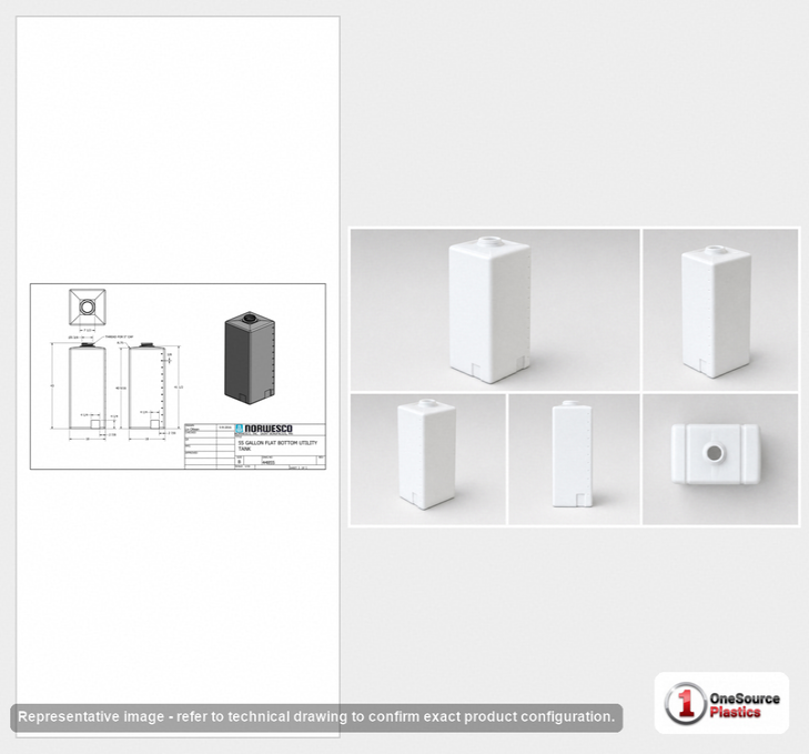 Dimensional spec drawing for Norwesco 55 Gallon Utility Tank (18" L x 18" W x 44" H)