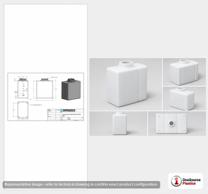 Dimensional spec drawing for Norwesco 7 Gallon Utility Tank (14" L x 9" W x 18" H)