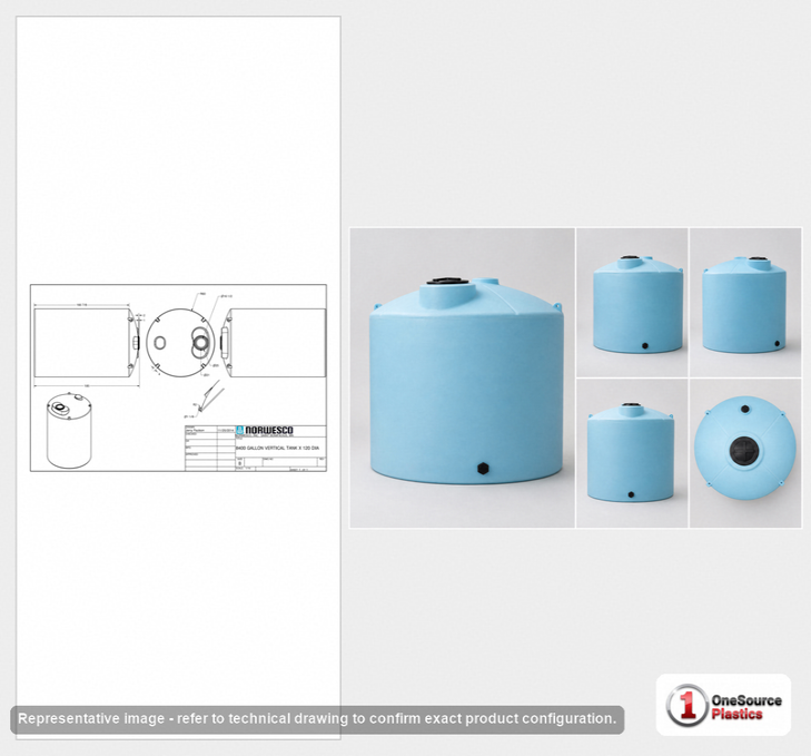 Dimensional spec drawing for Norwesco 8400 Gallon Vertical Storage Tank
