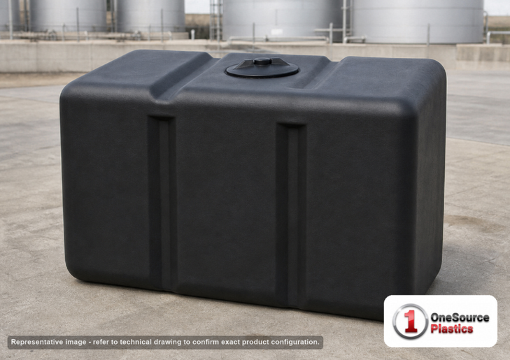 Norwesco 100 Gallon Plastic Portable Loaf Utility Tank in Black. Polyethylene; Black; dimensions 32.0in H x 20.0in W x 48.0in L; 46.0 lb empty; 1.5 specific gravity rating. Manufacturer part number N-45345. Sold by OneSource Plastics (https://www.onesourceplastics.com).