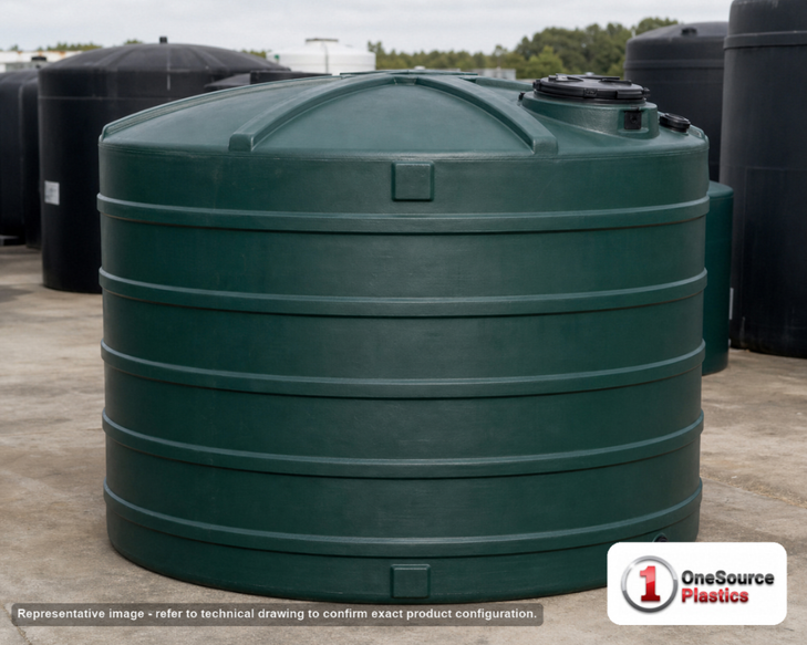 Snyder Industries 10000 Gallon HDPE Vertical Liquid Storage Tank in Green. High Density Linear Polyethylene; Green; dimensions 166.5in H x 142.0in W x 142.0in L; 1816.0 lb empty; 1.2 specific gravity rating. Manufacturer part number SII-32036. Sold by OneSource Plastics (https://www.onesourceplastics.com).