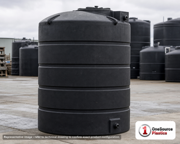 Snyder Industries 1300 Gallon Plastic Vertical Water Storage Tank in Black. Polyethylene; Black; dimensions 114.0in H x 60.0in W x 60.0in L; 194.0 lb empty; 1.0 specific gravity rating. Manufacturer part number SII-32535. Sold by OneSource Plastics (https://www.onesourceplastics.com).