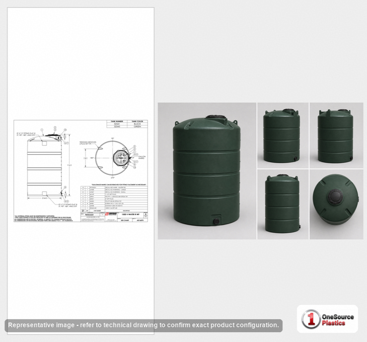 Dimensional spec drawing for Snyder Industries 1500 Gallon Vertical Water Tank (65" L x 65" W x 114" H)