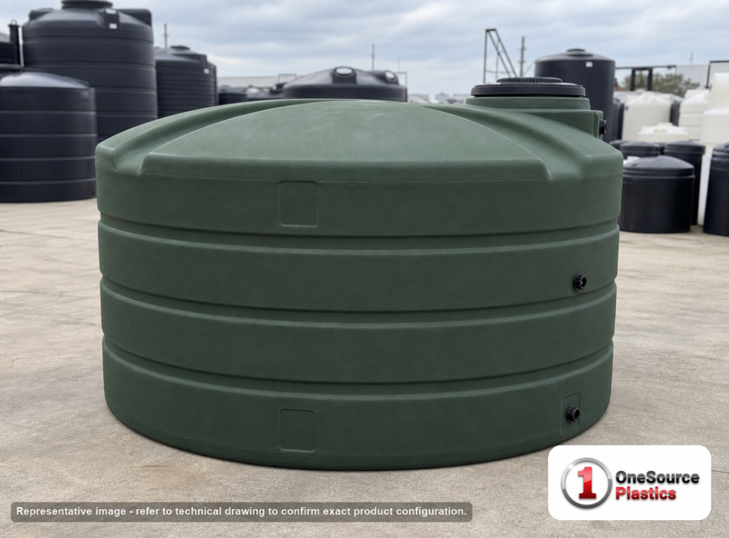 Snyder Industries 1600 Gallon Plastic Vertical Water Storage Tank in Green. Polyethylene; Green; dimensions 71.0in H x 86.0in W x 86.0in L; 262.0 lb empty; 1.0 specific gravity rating. Manufacturer part number SII-32549. Sold by OneSource Plastics (https://www.onesourceplastics.com).