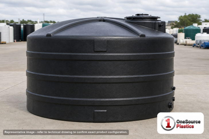 Snyder Industries 2000 Gallon Plastic Vertical Water Storage Tank in Black. Polyethylene; Black; dimensions 73.0in H x 96.0in W x 96.0in L; 263.0 lb empty; 1.0 specific gravity rating. Manufacturer part number SII-32553. Sold by OneSource Plastics (https://www.onesourceplastics.com).