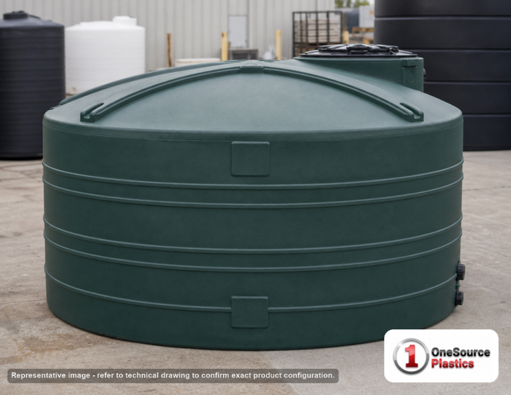Snyder Industries 2000 Gallon Plastic Vertical Water Storage Tank in Green. Polyethylene; Green; dimensions 73.0in H x 96.0in W x 96.0in L; 263.0 lb empty; 1.0 specific gravity rating. Manufacturer part number SII-32555. Sold by OneSource Plastics (https://www.onesourceplastics.com).