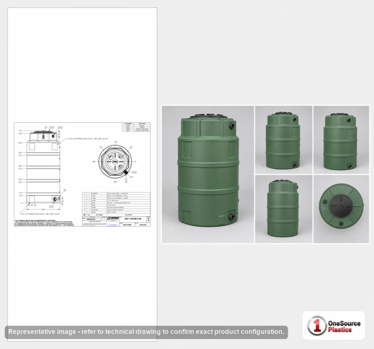 Dimensional spec drawing for Snyder Industries 300 Gallon Vertical Water Tank (36" L x 36" W x 72" H)
