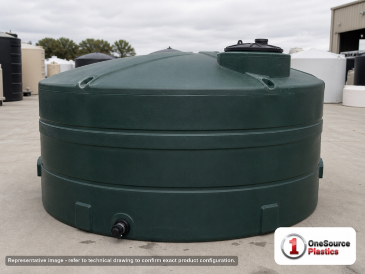 Snyder Industries 3000 Gallon Plastic Vertical Water Storage Tank in Green. Polyethylene; Green; 97" H x 102" W x 102" L.