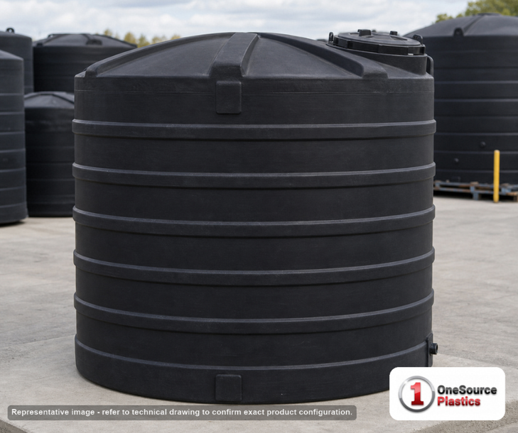 Snyder Industries 3500 Gallon Plastic Vertical Water Storage Tank in Black. High Density Linear Polyethylene; Black; dimensions 125.0in H x 96.0in W x 96.0in L; 535.0 lb empty; 1.0 specific gravity rating. Manufacturer part number SII-32294. Sold by OneSource Plastics (https://www.onesourceplastics.com).