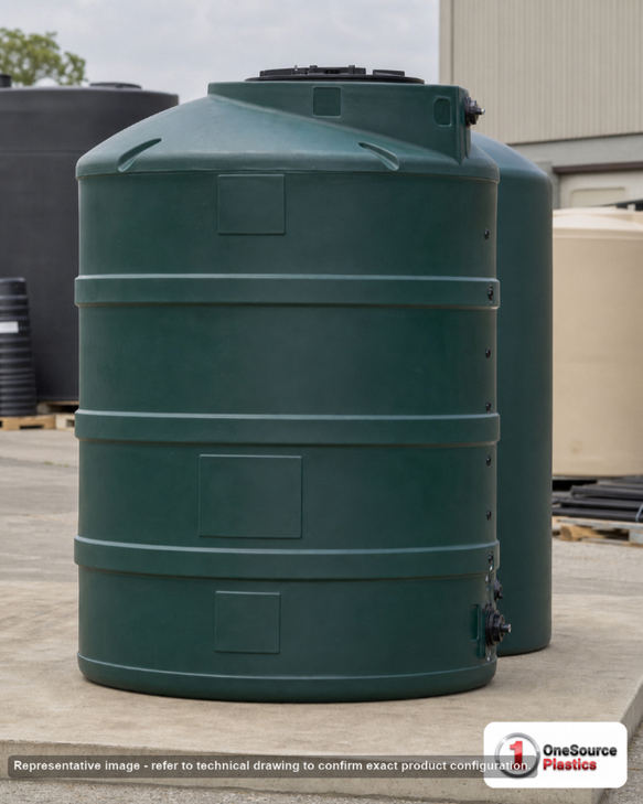 Snyder Industries 500 Gallon Plastic Vertical Water Storage Tank in Green. Polyethylene; Green; dimensions 76.0in H x 48.0in W x 48.0in L; 80.0 lb empty; 1.0 specific gravity rating. Manufacturer part number SII-32513. Sold by OneSource Plastics (https://www.onesourceplastics.com).