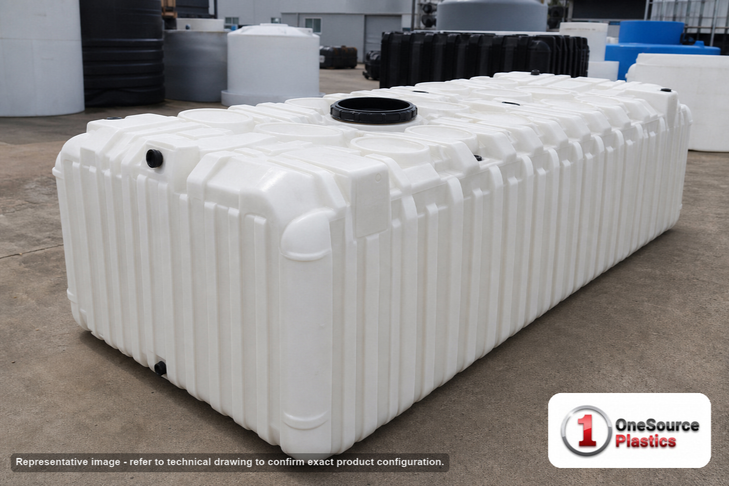 Norwesco 5025 Gallon Underground Water Storage Cistern Tank. Polyethylene; White; dimensions 73.0in H x 102.0in W x 211.0in L; 1880.0 lb empty; 1.9 specific gravity rating. Manufacturer part number N-44876. Sold by OneSource Plastics (https://www.onesourceplastics.com).