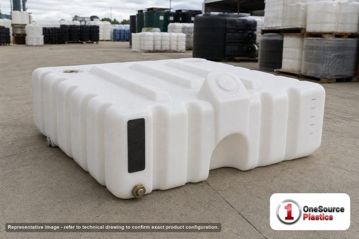 Snyder Industries 60 Gallon Cubetainer Tank with Brass Dipense Fitting. 60.0 gallon capacity; High Density Linear Polyethylene; White; dimensions 17.5in H x 36.0in W x 36.0in L; 44.0 lb empty; 1.9 specific gravity rating; fittings: 1. Manufacturer part number 1032000n95401. Manufactured by Snyder. Sold by OneSource Plastics (https://www.onesourceplastics.com).