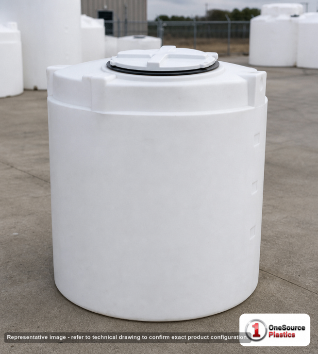 Snyder Industries 100 Gallon HDLPE Vertical Chemical Storage Tank in White. Polyethylene; White; dimensions 41.0in H x 30.0in W x 30.0in L; 45.0 lb empty; 1.9 specific gravity rating. Manufacturer part number SII-1012700N45. Sold by OneSource Plastics (https://www.onesourceplastics.com).
