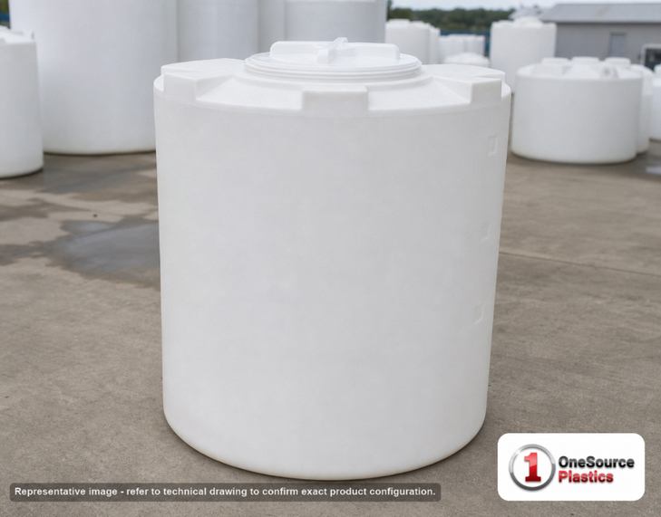 Snyder Industries 100 Gallon XLPE Vertical Chemical Storage Tank in White. High Density Linear Polyethylene; White; dimensions 41.0in H x 30.0in W x 30.0in L; 45.0 lb empty; 1.9 specific gravity rating. Manufacturer part number SII-1012700N42. Sold by OneSource Plastics (https://www.onesourceplastics.com).