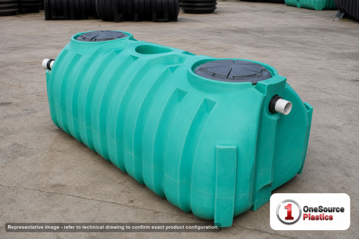 Norwesco 1000 Gallon One Compartment Septic Tank with Loose Plumbing and Low Profile Design - IAPMO Certified. 1000 gallon capacity; Polyethylene; Green; dimensions 51.0in H x 60.0in W x 127.0in L; 352.0 lb empty; fittings: 4"; max temp 130 deg  F / 54 deg  C; 5 Year Warranty. Manufacturer part number 42405. Manufactured by Norwesco. Sold by OneSource Plastics (https://www.onesourceplastics.com).